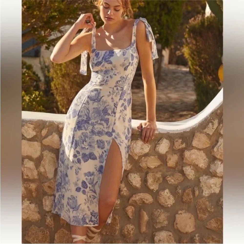 Reformation Blue and White Slit Midi Sundress